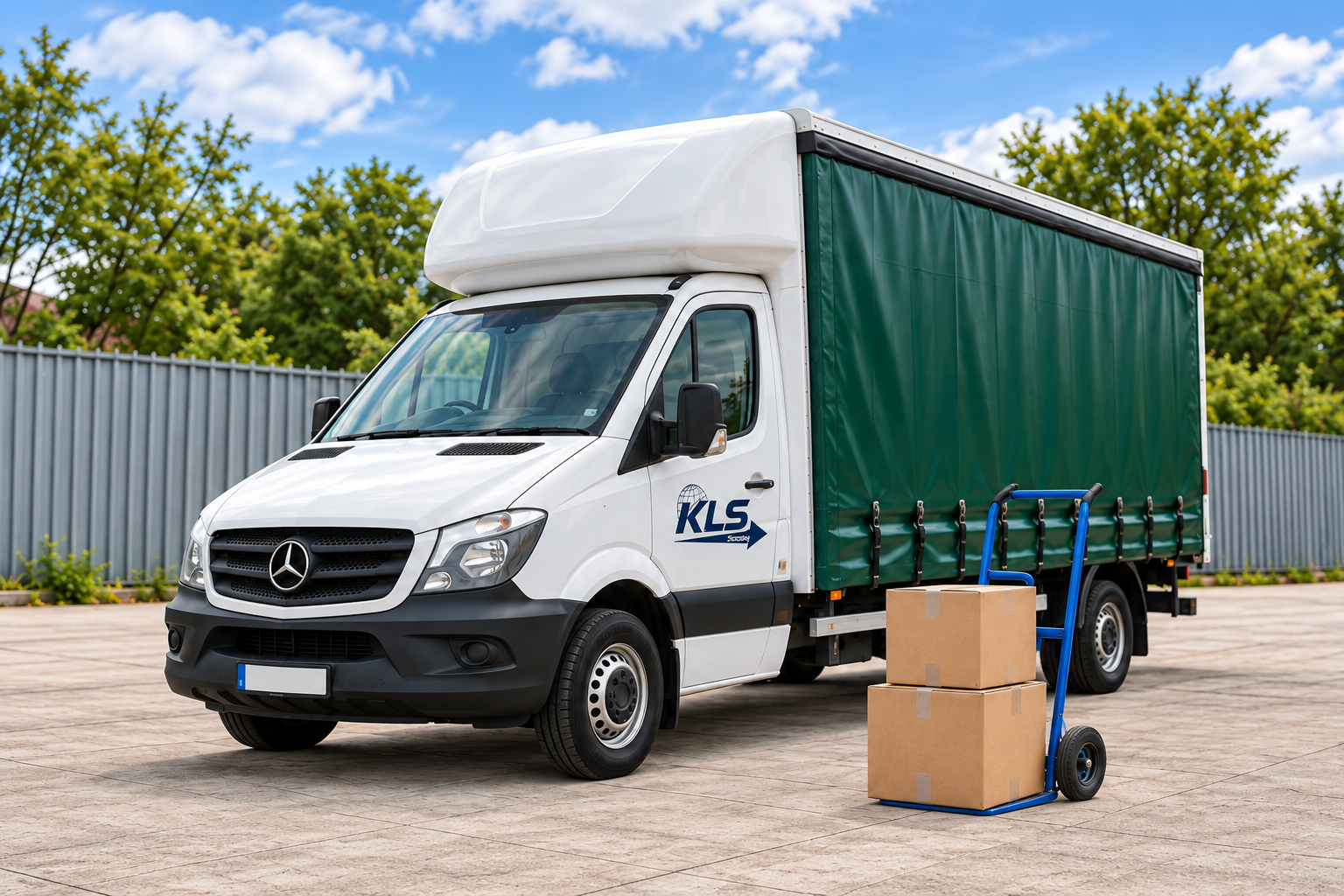 KLS SameDay curtainsider van with a sack barrow and boxes for local collections and deliveries